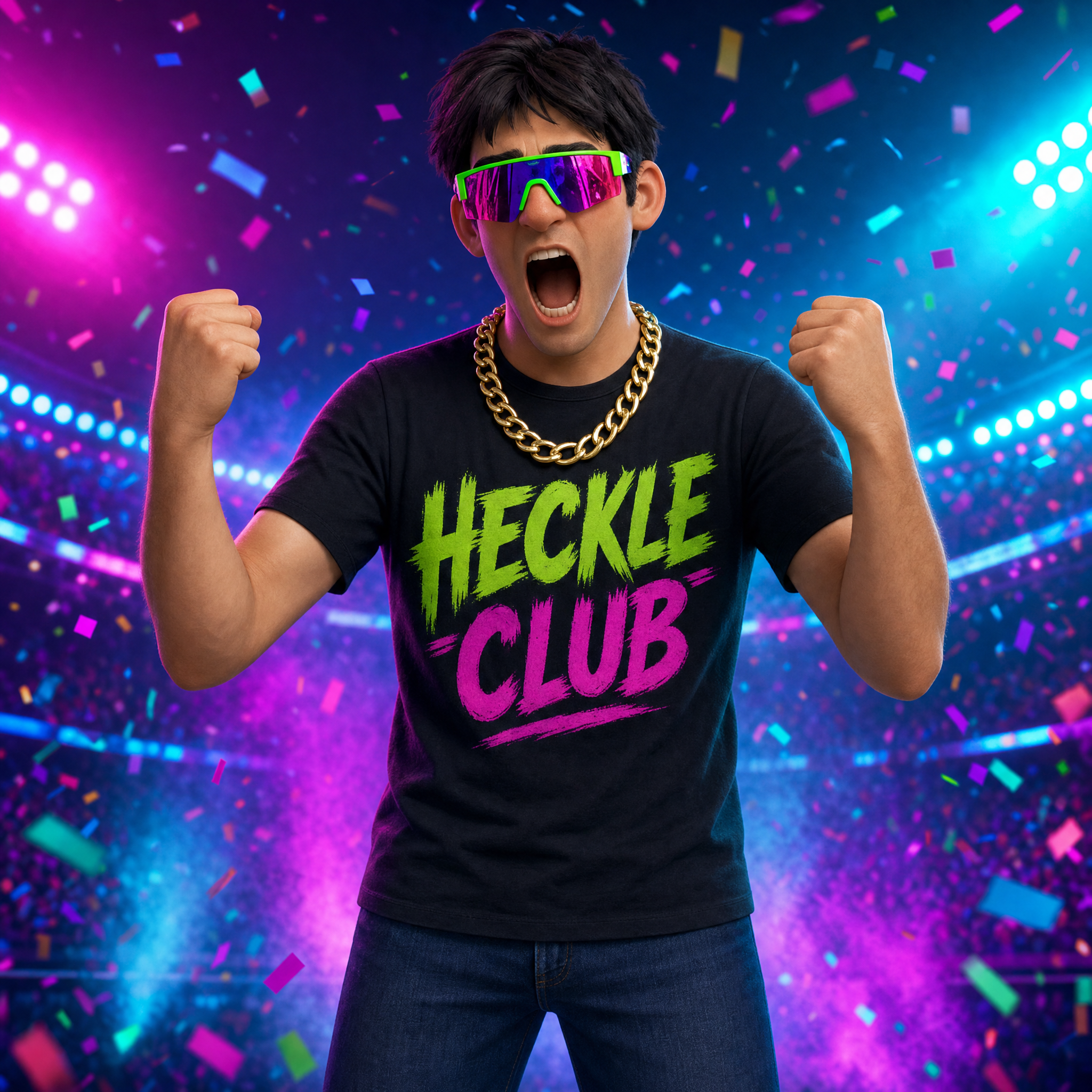 After: the same fan transformed into a loud Heckler in Heckle Club gear